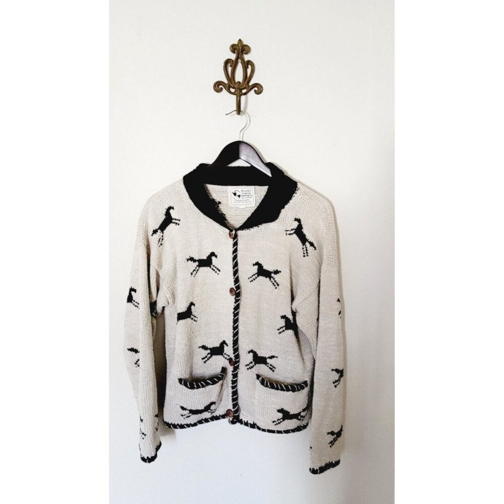 Planet Earth Imports Blue Aztec Horse SMALL Chunky Knit Cardigan Sweater Bolivia